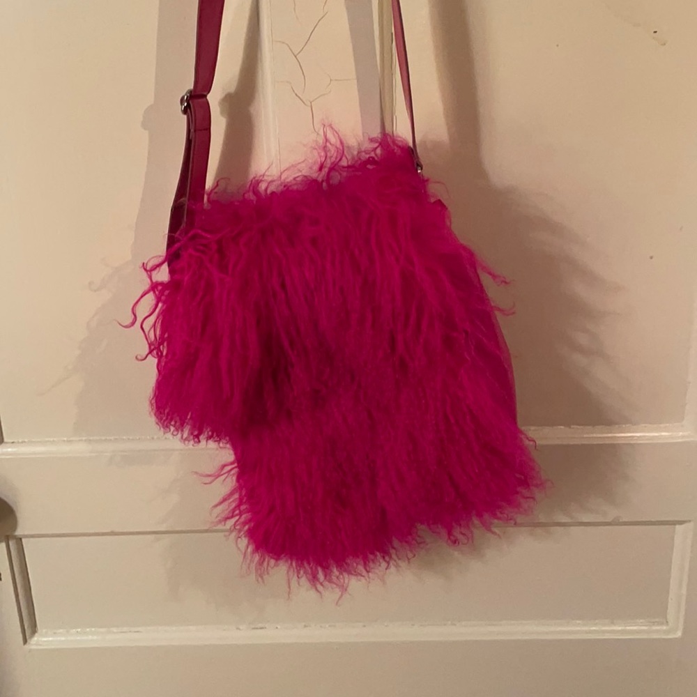Vintage vinyl and faux fur hot pink cross body bag